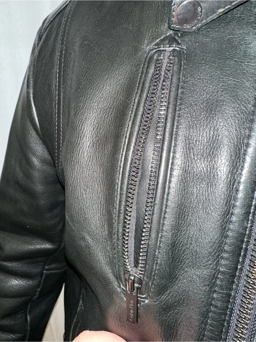 Men's Black Calvin Klein Leather Moto Jacket - Classic Biker Style